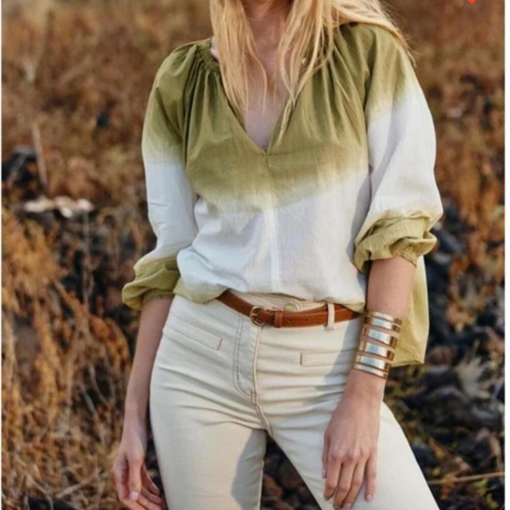 La Petite Etoile‎ Paris Ombre Peasant Blouse Olive Green White Boho Top Size S